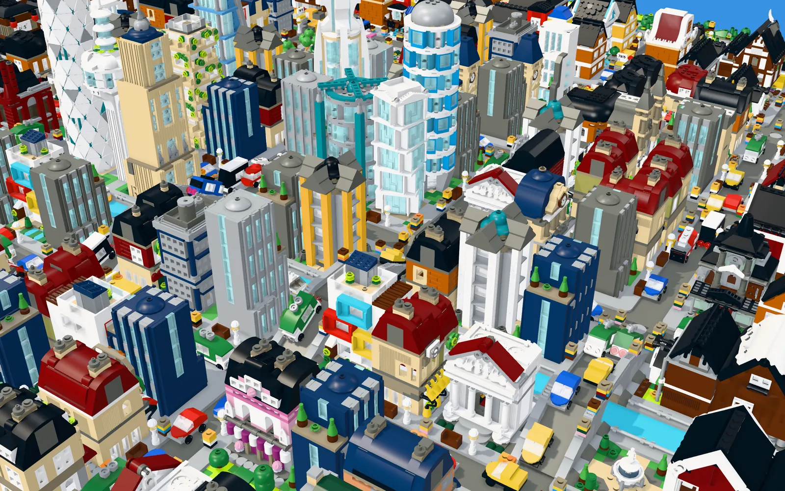 Downtown Tiny Brick City with towers, traffic and people